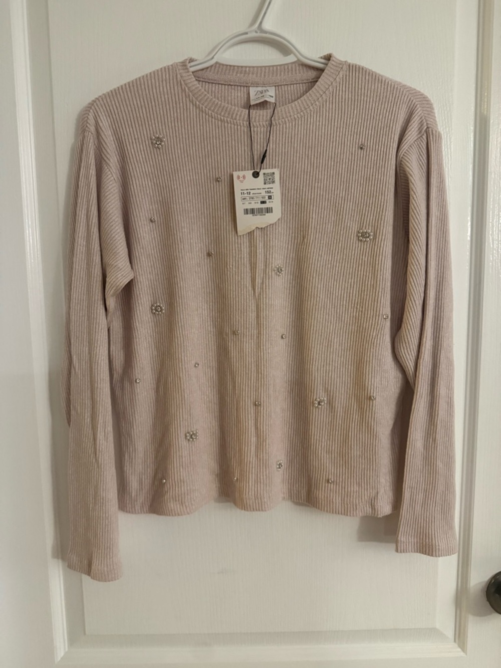 Zara Crystal-Embellished Ribbed Crewneck - Light Pink Girls brand new size 11/12
